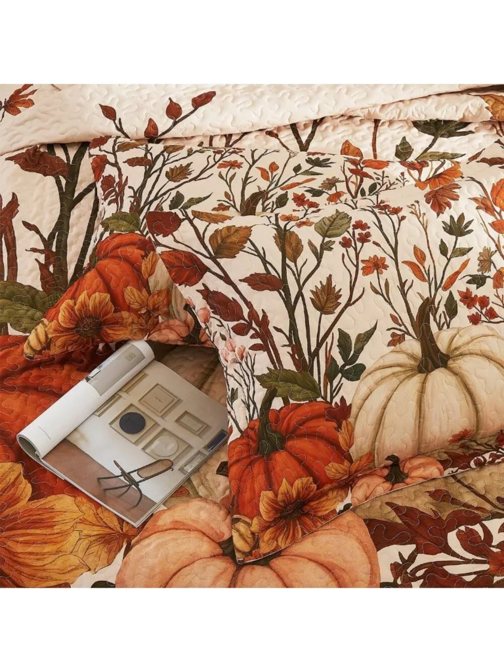 Cozy Fall Pumpkin Quilt Set - 3 Piece Queen Bedding, Reversible Coverlet & Shams